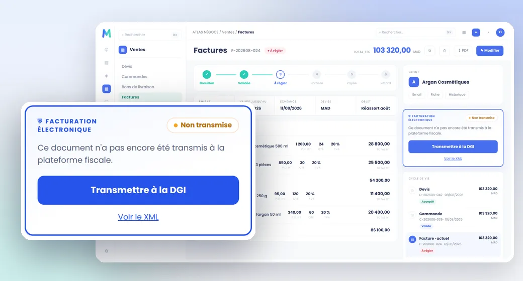 Écran Manageo : une facture avec son panneau de facturation électronique, le bouton « Transmettre à la DGI », le lien « Voir le XML » et le suivi de statut.